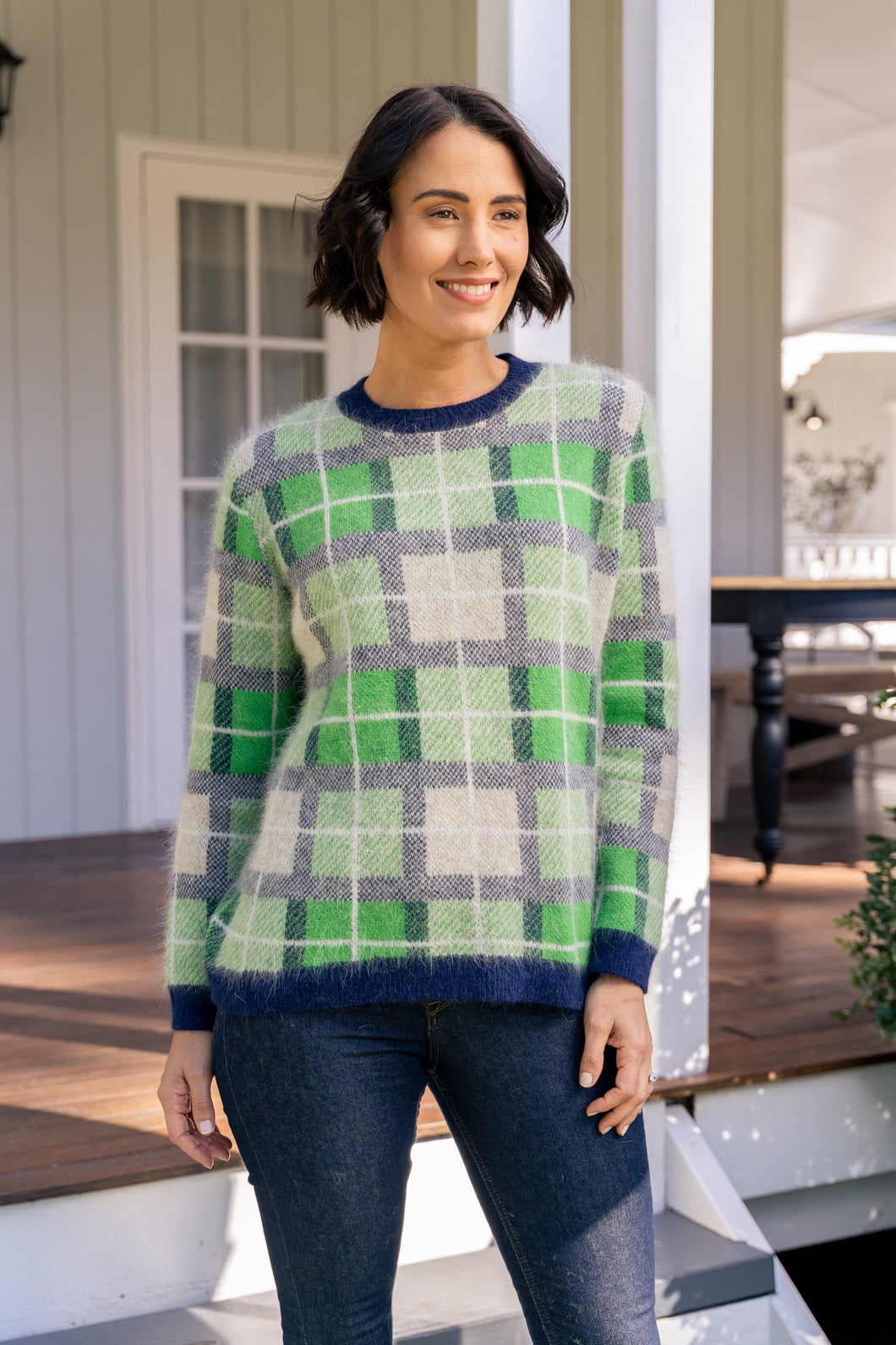 SEE SAW Plaid Angora Sweater (Green/Navy)